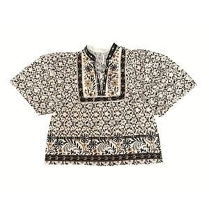 Anthropologie Pleated Puff Sleeve Blouse Size S Black & Cream Floral Boho